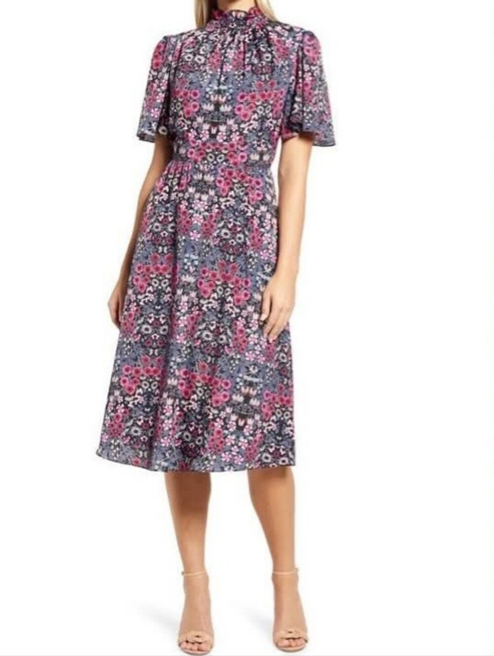 Ruffle Neck Flutter A-Line Midi Dress in Floral Pink & Blue